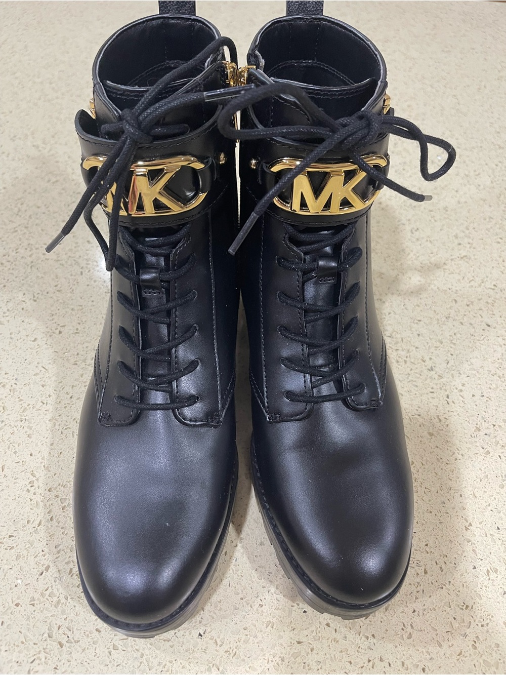 MICHAEL Michael Kors Black Leather Lace-Up Ankle Boots with Gold MK Accent